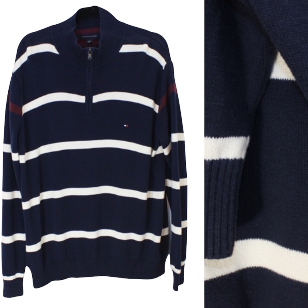 TOMMY HILFIGER Navy Burgundy Maroon White Stripe Quarter Zip Pullover Large L